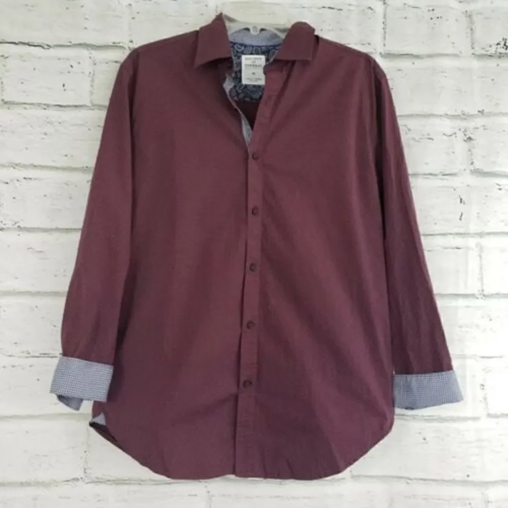 Society Of Threads Mens medium Flip Cuff Slim Fit stretch button up shirt maroon